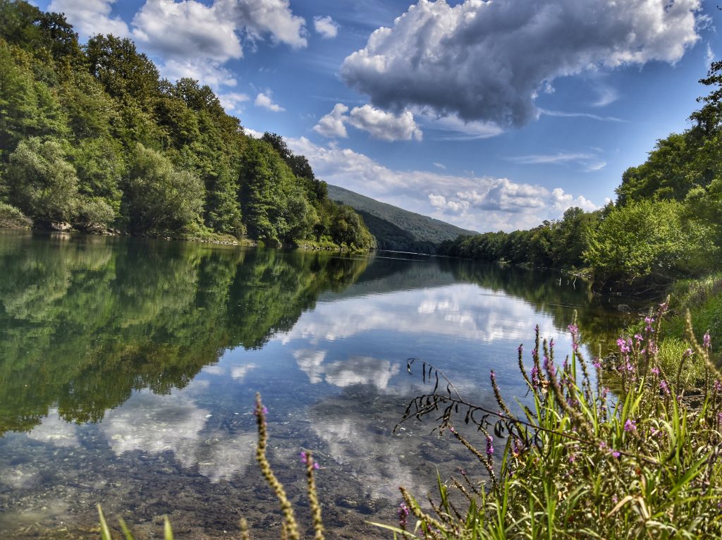 Bistra i mirna reka Drina kod Bajine Baste sa odrazom oblaka u vodi i zelenilom obale