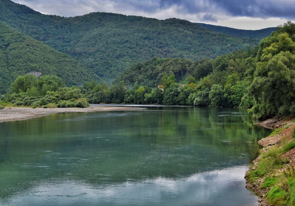 Panorama reke Drine sa zelenom vodom i gustim sumama na obalama pod oblacnim nebom