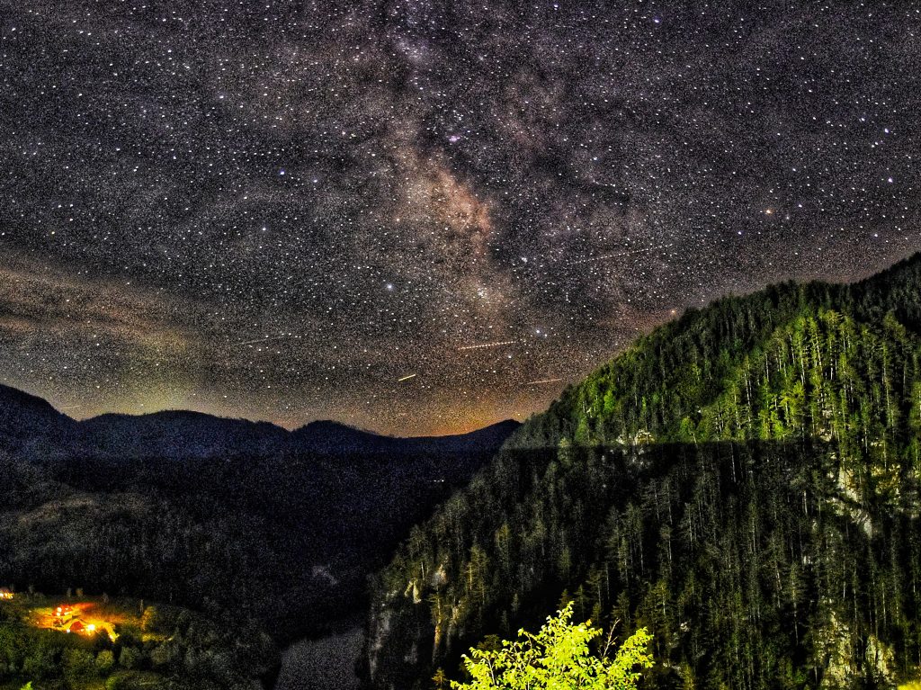Noćni snimak planine Tara sa jasno vidljivim Mlečnim putem iznad šumovitih vrhova.