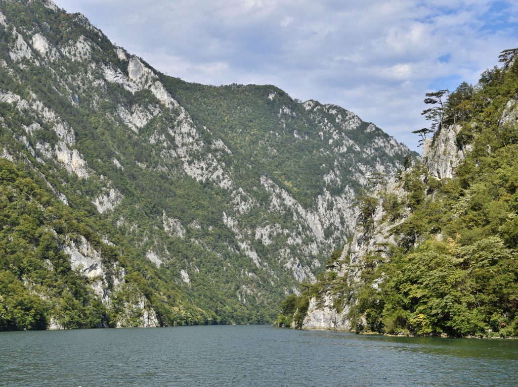 Impozantne stene Velikog kraja na Tari, gledane sa reke Drine, okružene gustom šumom pod vedrim nebom.