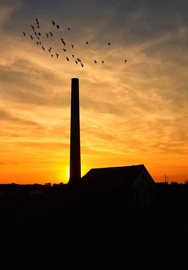 Silueta stare crpne stanice sa visokim dimnjakom iz doba Marije Terezije u Severnom Banatu, dok jato ptica leti preko narandžastog neba u zalazak sunca