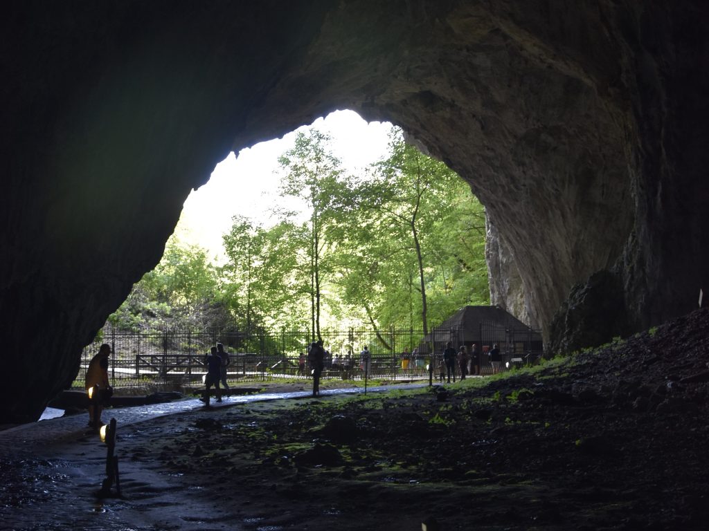 Pogled iz unutrasnjosti Stopica pecine ka monumentalnom ulazu, stazi za posetioce i zelenilu spoljasnjeg sveta