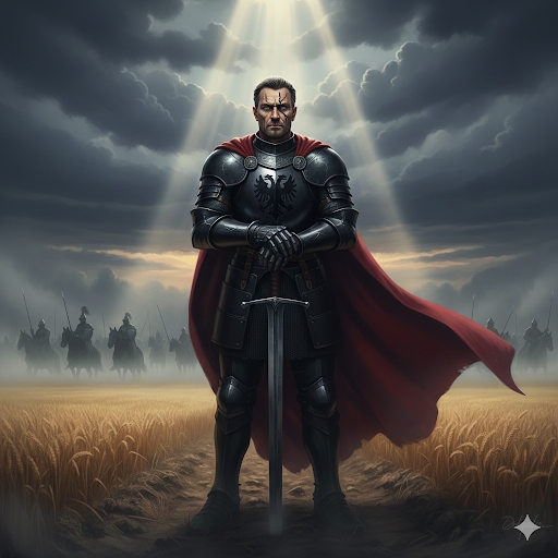 Umetnicki prikaz cara Jovana Nenada u crnom oklopu sa crvenim plastom na polju zita