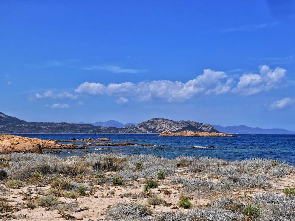 Divlja obala ostrva Tavolara u Sardiniji sa niskim rastinjem strmim stenama i plavim morem u pozadini