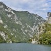 Impozantne stene Velikog kraja na Tari, gledane sa reke Drine, okružene gustom šumom pod vedrim nebom.