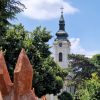Narandžasta terakota skulptura u prvom planu sa tornjem barokne pravoslavne crkve Svetog Nikole u pozadini, okruženi zelenilom u Kikindi