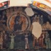 Detaljan prikaz srednjovekovne freske u vizantijskom stilu sa ostecenjima i tragovima vremena u unutrasnjosti manastira Zica